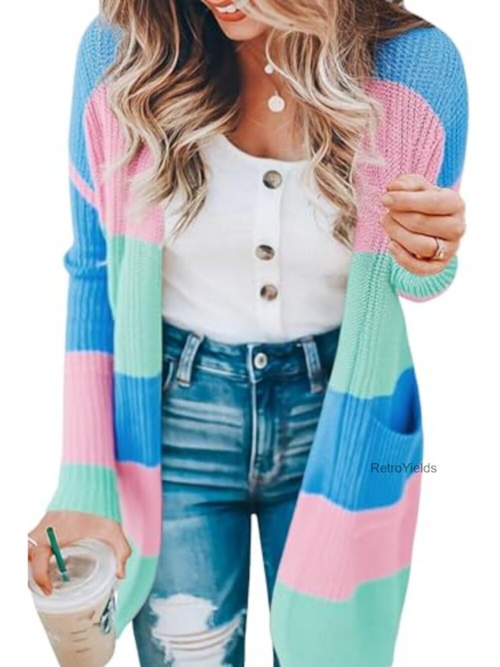 Loose Knit Open Front Long Sleeve Striped Cardigan Sweater